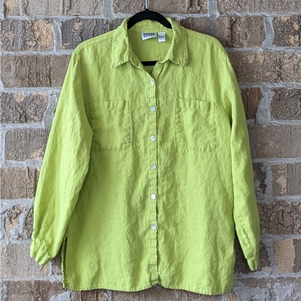 Vintage 90s Chico's Design 100% Linen Chartreuse Button Down Tunic Top Size 2